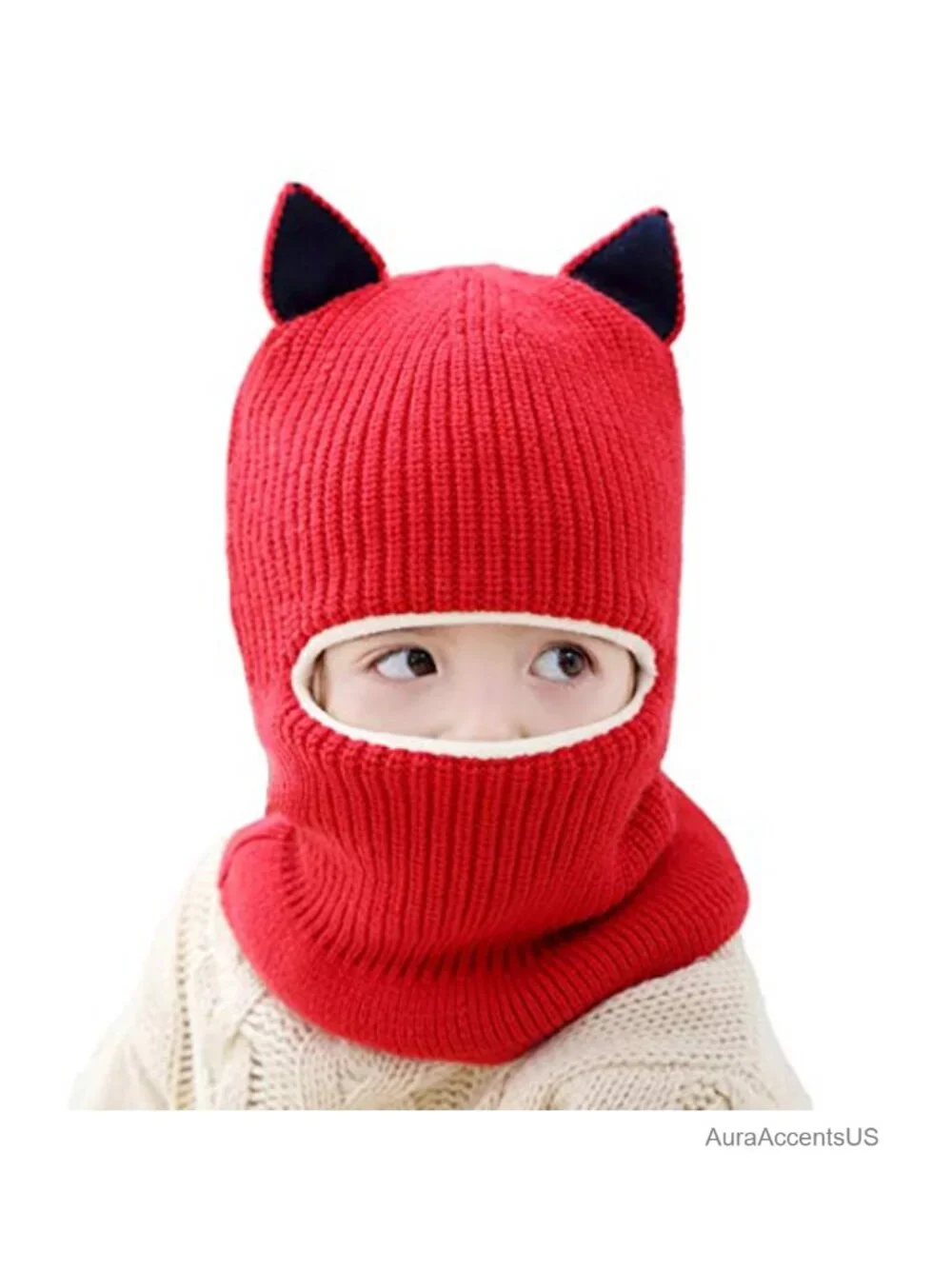 Fleece Lined Knitted Beanie with Face Mask, Ear Flaps & Pom Pom for Toddler